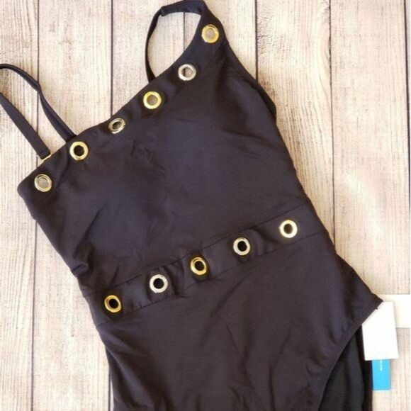 NWT Bleu Rod Beattie Hole In One Grommet One Shoulder One-Piece Swimsuit Black - Picture 7 of 11